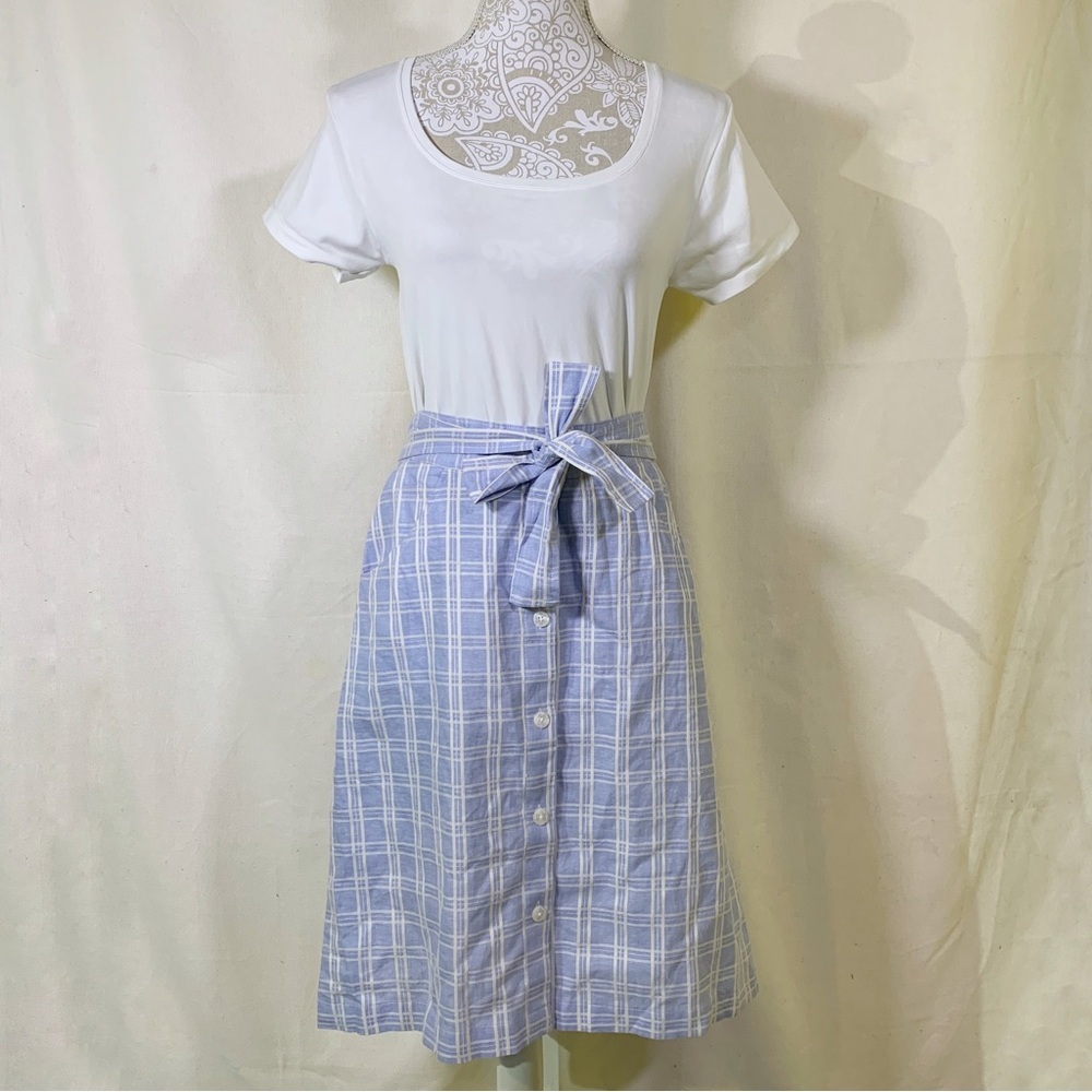 Draper James // Blue, White Plaid Button Down Midi Skirt Sz Small A26